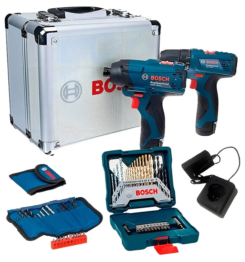 Kit Combo Furadeira Gsr 120-li + Chave De Impacto Gdr 120-li + Estojo Brocas X-line 30 Peças Bosch Cor Azul