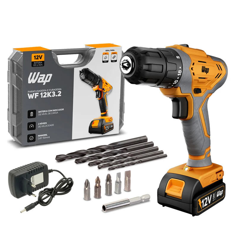 Parafusadeira E Furadeira A Bateria Li-ion Wap Wf 12k3.2 Carregador Com Maleta E Kit De 11 Acessórios